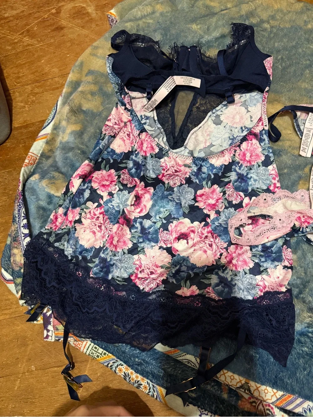Victoria secret second skin Floral Lace Chemise with Garter Straps - Navy & Pink